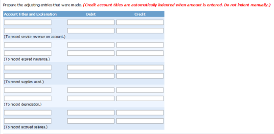 Prepare the adjusting entries that were made. (Credit account titles are automatically indented when amount is entered. Do no
