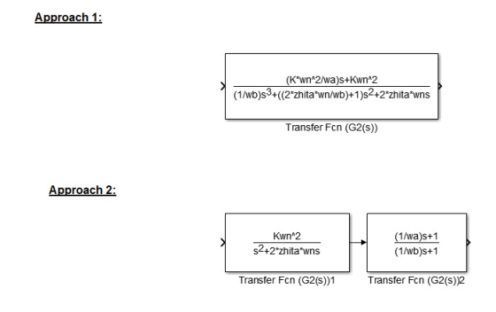 Approach 1: (K*wn^2/wa)s+Kwn^2 (1/Wb)3+((2*zhita+wn/wb)+1)s2+2*zhita+wns Transfer Fcn (G2(s)) Approach 2: kwn2 $2+2*zhita*wns