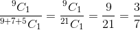 \frac{^9C_1}{^{9+7+5}C_1}=\frac{^9C_1}{^{21}C_1}=\frac9{21}=\frac37