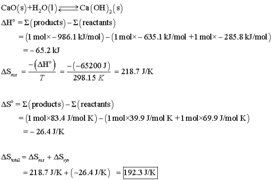 Cao(s)+H,0()Ca(OH)2(s) AH-E( products)-E( reactants) - (1 molx-986.1 kJ/mol) (1molx- 635.1 kJ/mol +1 molx - 285.8 kJ/mol) -65