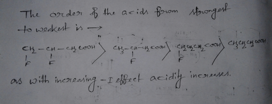 strongest The order of the acids from to weakest is - н, и- Соон | Сңo 4, Cзон Снц си ссон. Сң - сн - ең соон , , , F as with