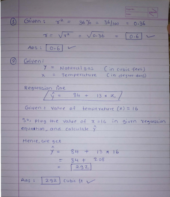 Page No.: Youvi Date: 6 Given: r2 = 36% = 36/100 - r= vr2 = 0.36 = . Ans: 10.6 = 0.36 10.6 Given: Y = = Natural gas Temperatu