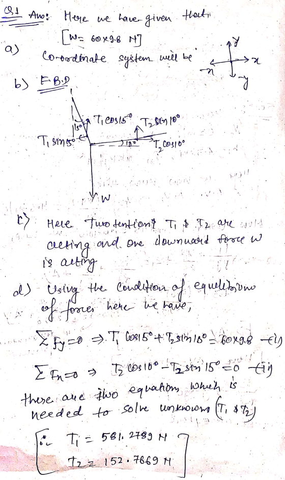we have given that & 1 Anoo Here [w= 60x8 N a) Corordinate. system will be st a 6) .FB.D Ti costs Tilin 10° soft Tisins 120