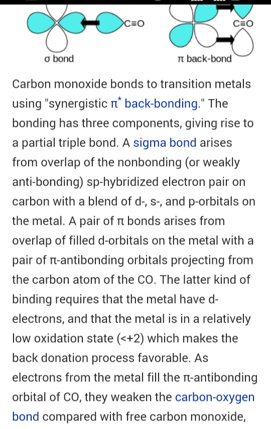 CEO CEO Ơ bond T back-bond Carbon monoxide bonds to transition metals using synergistic n back-bonding. The bonding has thr