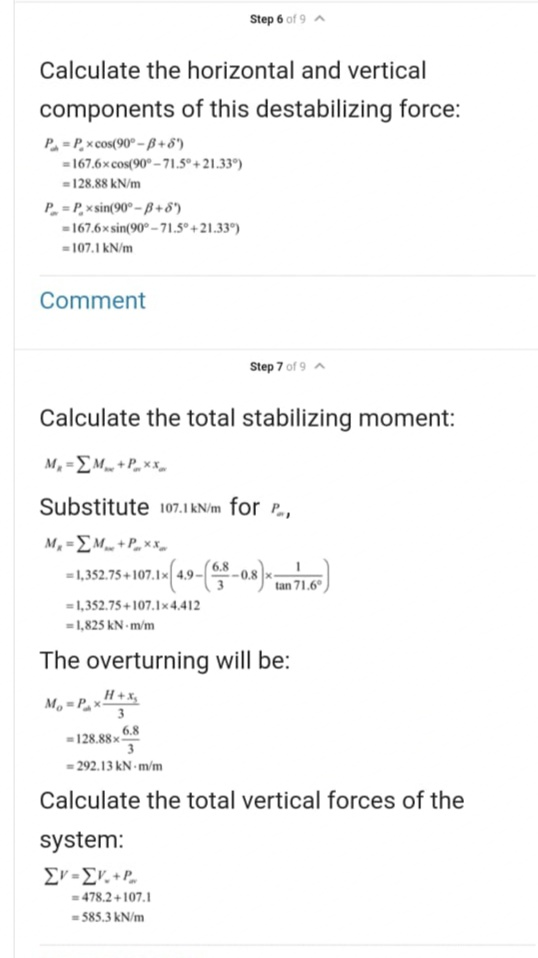 Step 6 of 9 A Calculate the horizontal and vertical components of this destabilizing force: P.-P. Cos(90°- B+8) - 167,6x cos