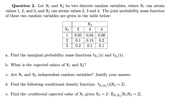 Question 2. Let X1 and X2 be two discrete random variables, where X1 can attain values 1, 2, and 3, and X2 can attain values