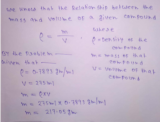 we knotw that the Relahon ship betueen the mass ahd Volume OF a iven compound hese m Den sity of he Compound BY the Pao6lem m