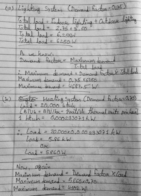 (a) Lighting System (Dermond factor = 0,75) Total load - Indooge ligleting tout dease lighting Total load - 2.75 +3.50 Total
