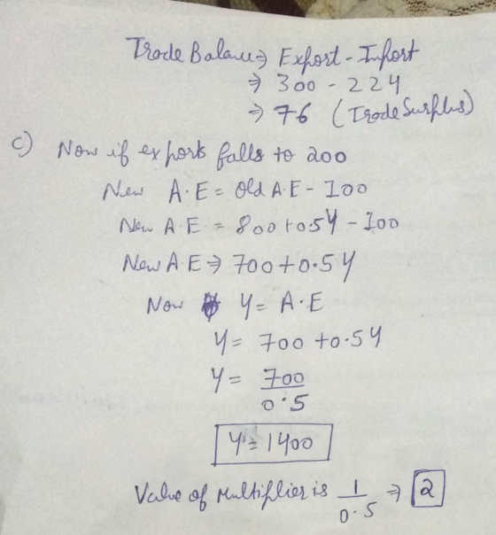 c) Trode Balane Exhort-Infort 300-224 - 76 (Trode Surplus) Now if exports falls to 200 New A. E= Old A.E- 100 New AE = 800 to