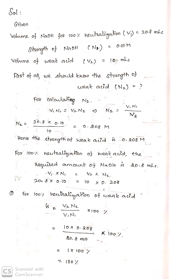 M Sol: Gtiven Volume of Nach for 100 % noutaaliyotion (VI) € 20.8 mts. Strength of NGOH (Nm) = 010M Volume of weak acid (Ve)