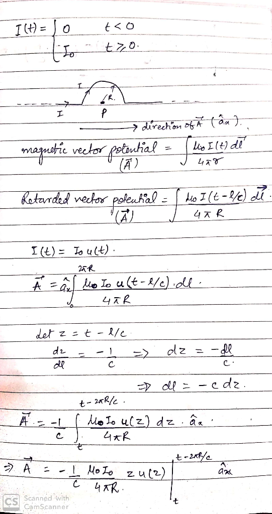 to to to. - direction of à låa). magnetic vector potential = Mo I (t) de IĀ у 4лт Retarded vector polential = Mo I (t=1/4) di
