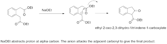 DET Et NaOEt OEt -OEt OOEt ethyl 2-oxo-2,3-dihydro-1H-indene-1-carboxylate NaOEt abstracts proton at alpha carbon. The anion
