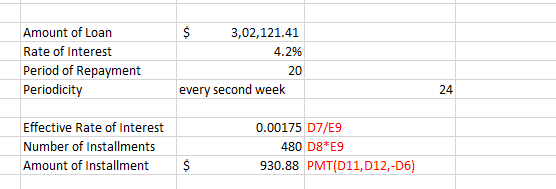 Amount of Loan Rate of Interest Period of Repayment Periodicity 3,02,121.41 4.2% 20 every second week 24 Effective Rate of Interest Number of Installments Amount of Installment $ 0.00175 D7/E9 480 D8*E9 930.88 PMT(D11,D12,-D6)