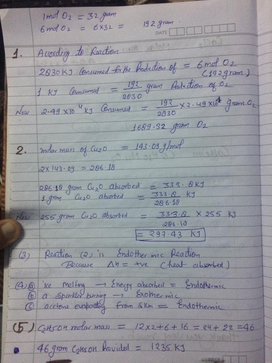 192 gram DATE mol O2 = 32 gram. 6 mol O2 = 6x32 = DATE DOTD According to Reaction 2030 kJ Consumed for the production of = 6