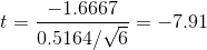 t=\frac{-1.6667}{0.5164/\sqrt{6}}=-7.91