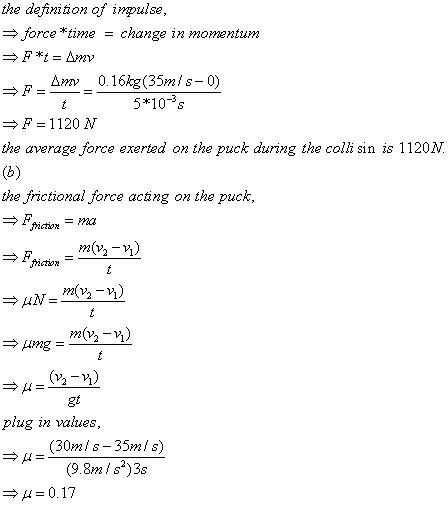 the definition of impulse force*time - change in momentunm 0.16kg(35m s-0) 510-8s F 1120 N the average force exerted on the p