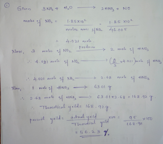 Given 3 NO₂ + 4₂0 - 2HNO₃ + NO moles of NO₂ = e 1.85010² molar mass of NO. 1.85 X102 46.005 Now, - 4.021 mole. produus 3 mole