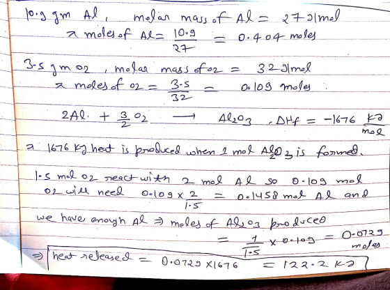 long gm Al, melar mass of Al = 27 almal - a moles of Al= 10.9 = 0.4 04 moles 27 3-5 gm or imolar mass of or = 32 g/mol a mole