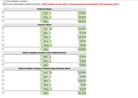 Your answer is correct. Post to the stockholders equity accounts. (Post entries in the order of journal entries presented in the previous part.) Preferred Stock ar. 1 30 ov. 1 50 Common Stock 75 Paid-in Capital in Excess of Par-Preferred Stock ar. 1 30 oV Paid-in Capital in Excess of Stated Value-Common Stock an. 1 4450 0625 50 725