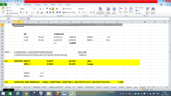 OPTIMAL RISKY PORTFOLIO VC AMORT SINKING JORDAN - Microsoft Excel (Product Activation Failed) Data Review View Add-Ins File H