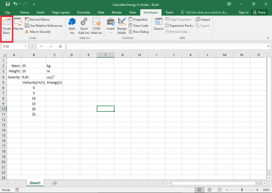 日勺 Calculate Energy In Joules - Excel Team Tell me what you want to do... Sign in Share E Map Properties E import File HomeIn