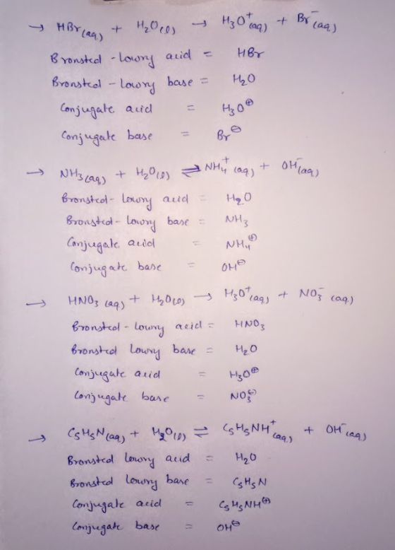 HBr Lag + H₂O co & 30 tag) + Briaas Bronsted - Lowry and = Her Bronsted - Lowry base = H₂O Conjugate and = H₂O Conjugate base