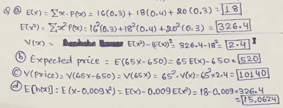 @ Elx) = fse. P(se) = 1600.3)+ 1810.4) +20 (0.3)+|18|| Elx2) 522 Pc): 162(0.3)+18°(0.4)+902(0,3) = 1326.41 V(De) - Bella Lom