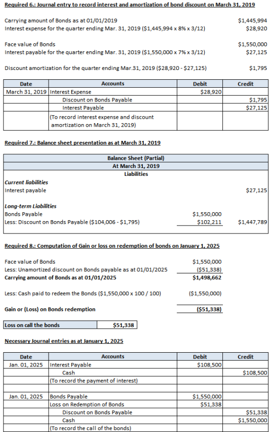 Required 6.: Journal entry to record interest and amortization of bond discount on March 31, 2019 Carrying amount of Bonds as