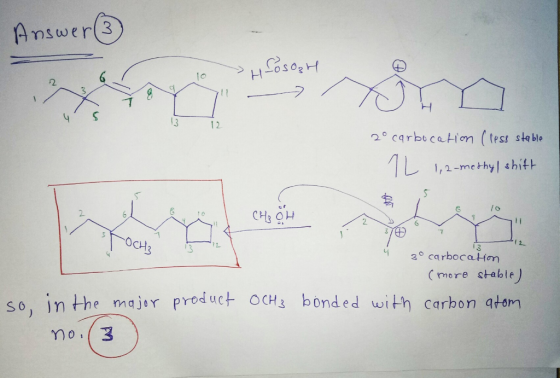 Answerſ lo > H Sosogh - 2° carbucation (less stable 1 L 1,2-methyl shift Осн. — 12 3° carbocation (more stable) OCH3 bonded w