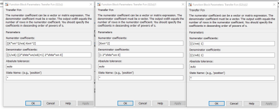 tit Function Block Parameters: Transfer Fen (G2()) X Transfer Fun The numerator coefficient can be a vector or matrix express