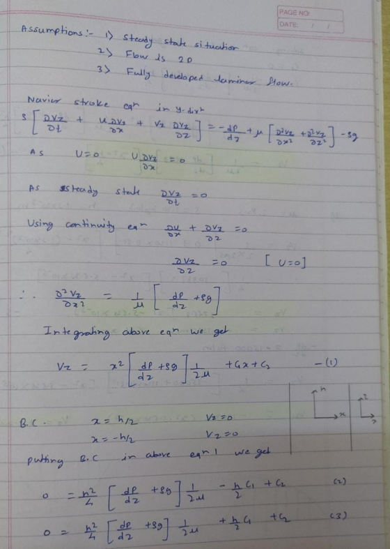 PAGE NO DATE Assumptions :- 1) steady state situation 23 3) Fully developed laminer Hlow. Fbu is 20 in y dirt Navier stroke e