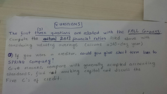 PUESTIONS (3) The first three questions are related with the FALL Compan4- Compute the actural 2013 financial ratios listed a
