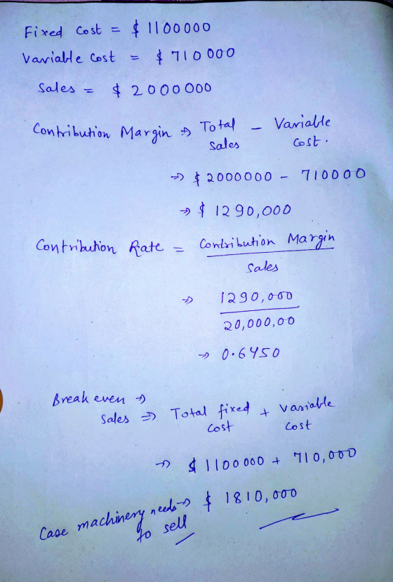 Fixed Cost = $ 1100000 Variable Cost $ 710000 sales $ 2 000 000 Contribution Margin & Total - Variable Cost. sales $2000000 -