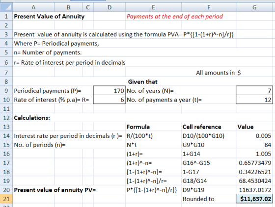 C D Α. B 1 Present Value of Annuity Payments at the end of each period 2 3 Present value of annuity is calculated using the f