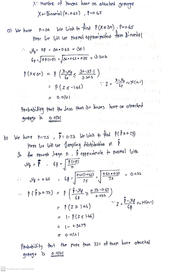 0) We hore 1= 54 X: Number of Houges have on attached garage Xo Binomial (1,0.65), p=0.65 We wish to find P(X=30), P80.65 Hee