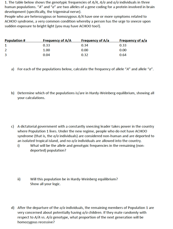 1. The table below shows the genotypic frequencies of A/A, A/a and a/a individuals in three human populations. A and a ar