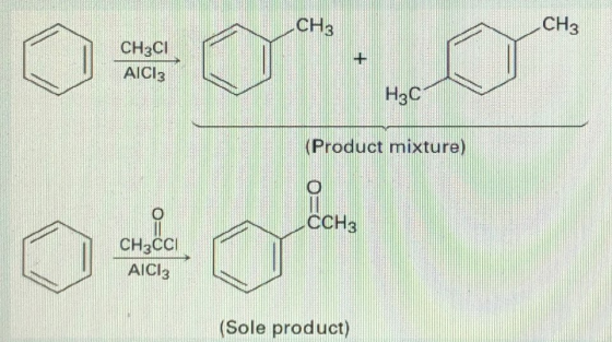 CH3 CH3 CH3C1 AICI: + Нас (Product mixture) CCH3 CH3CCI AlCl3 (Sole product)