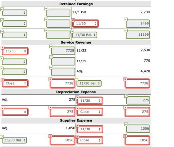 Retained Earnings 11/1 Bal. 7,700 lî 11/30 T 3499 11/30 Bal. 11199 Service Revenue † 11/30 728||11/22 2,530 | 11/29 770 Adj.