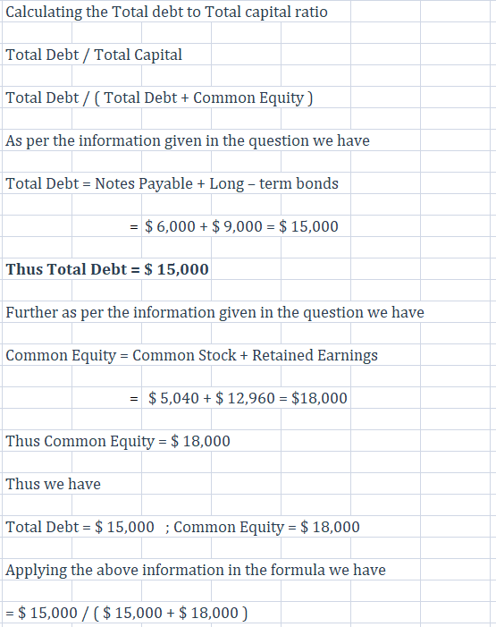 Calculating the Total debt to Total capital ratio Total Debt / Total Capital Total Debt / (Total Debt + Common Equity) As per