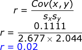 r=\frac{Cov(x,y)}{s_xs_y}\\ r=\frac{0.1111}{2.677\times 2.044}\\ {\color{Blue} r=0.02}