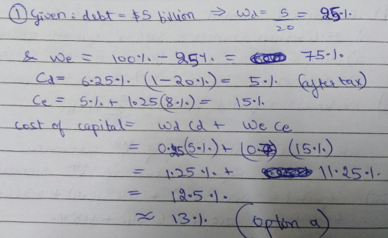 O given a debt = $5 billion > Wa= 5= 951- 20 & we = 100% - 25%. = ord 75-). Ca= 6.25-1 (1-20..) = 50% Caffer tax) Ce = Solet
