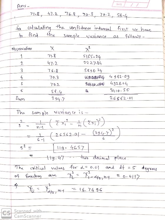 Ans- 718, 47.2, 76.8, 70.3, 70.2, 58.4 for calculating the confidence interval first we have I to find the sample variance as