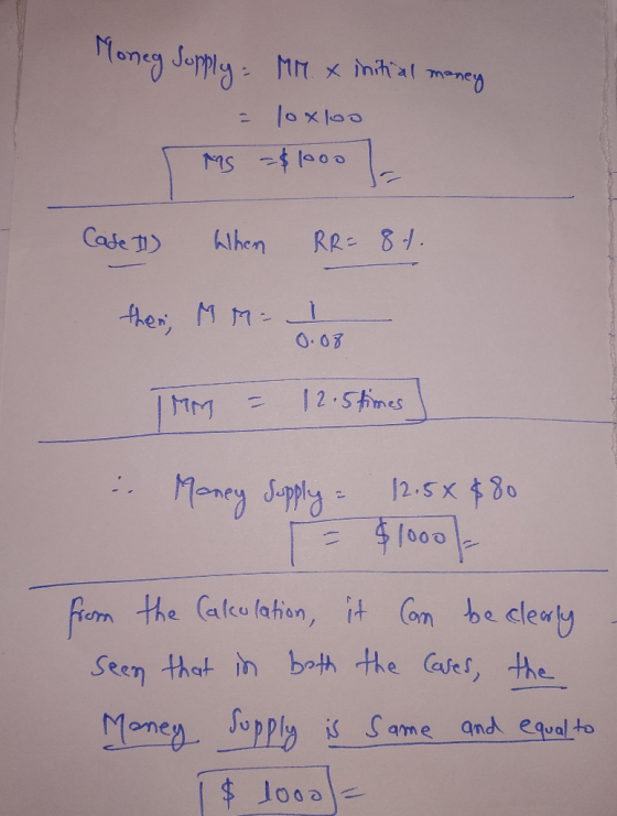 Moneg Supply - Mr. x initial money = loxloo Ms = $1000 - Case II) When RR= 8+ then; M M-008 - IMM = 12.5 times i Money Supply