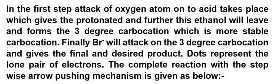 In the first step attack of oxygen atom on to acid takes place which gives the protonated and further this ethanol will leave