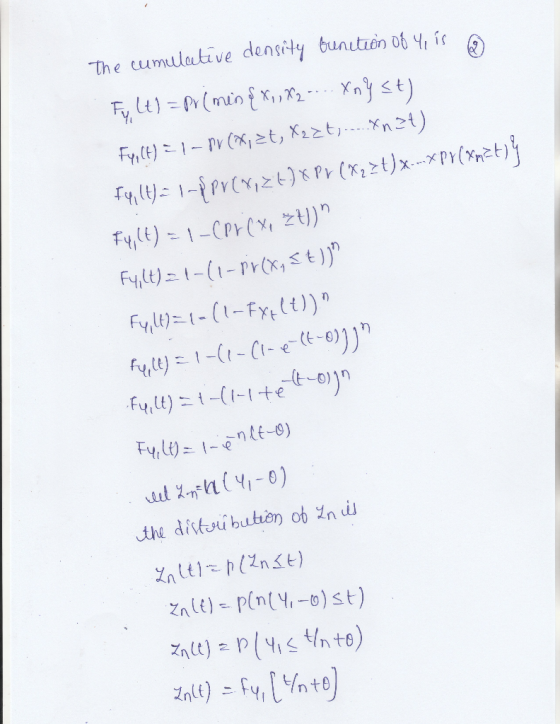 The cumulative density function of 4, is Fy Lt) = priminę x,,X2 -.. Xny st) Fyrlt) = 1 - rv (Xizt, Xzzt....Xn2t) fylte 1-P pr