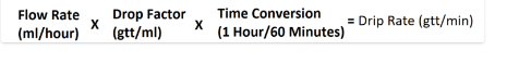 Flow Ratey Drop Factor Time Conversion ml/hour)(gtt/ml)(1H ( Hour/60 Minutes) Drip Rate (ett/min) Hour/60 Minutes)