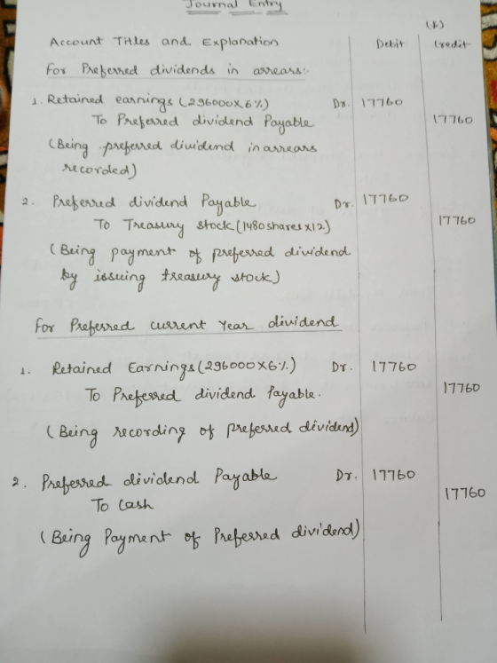 Journal Entry Debit Credit Dx. 17760 17760 Account Titles and explanation for Preferred dividends in arrears: d. Retained ear