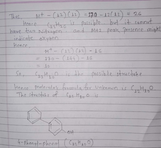 This Mt - (+2) (12) = 170 - 12(12) = 26 Hence G heg is possible, but it cannot have two Nitrogen and Mt2 peak presence might