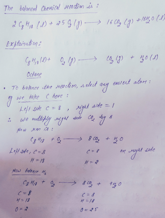 The balanced Chemical reaction is : 20g 4,8 ( l) + 250g (g) 1600g (g) +18H20 (1) Explaination: CG Hold) + Q (9) Co (8) + 40 (