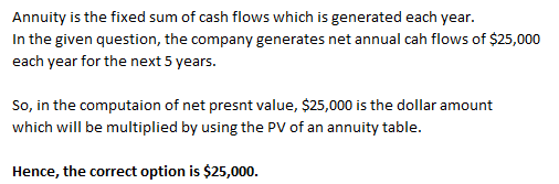 Annuity is the fixed sum of cash flows which is generated each year. In the given question, the company generates net annual